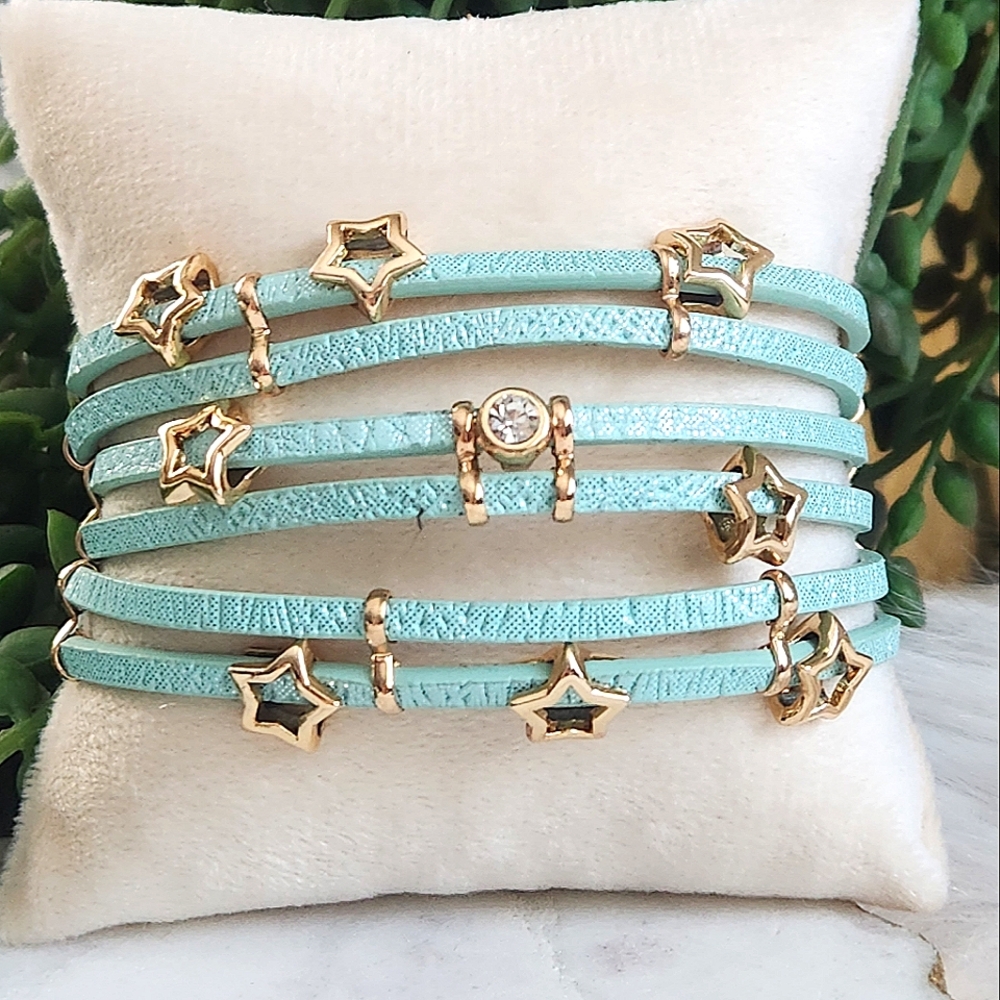 New Ryze Women's Aqua & Gold Star Vegan Leather Wrap Bracelet